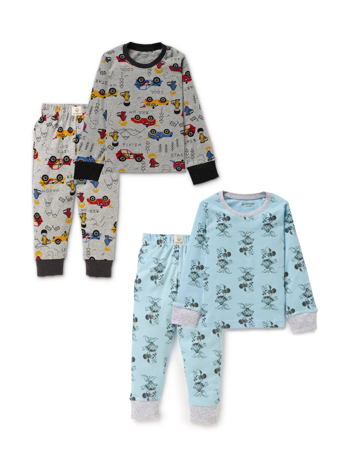 Full sleeve minnie mouse pattern in cyan & black cat pattern in white pajama combo for baby