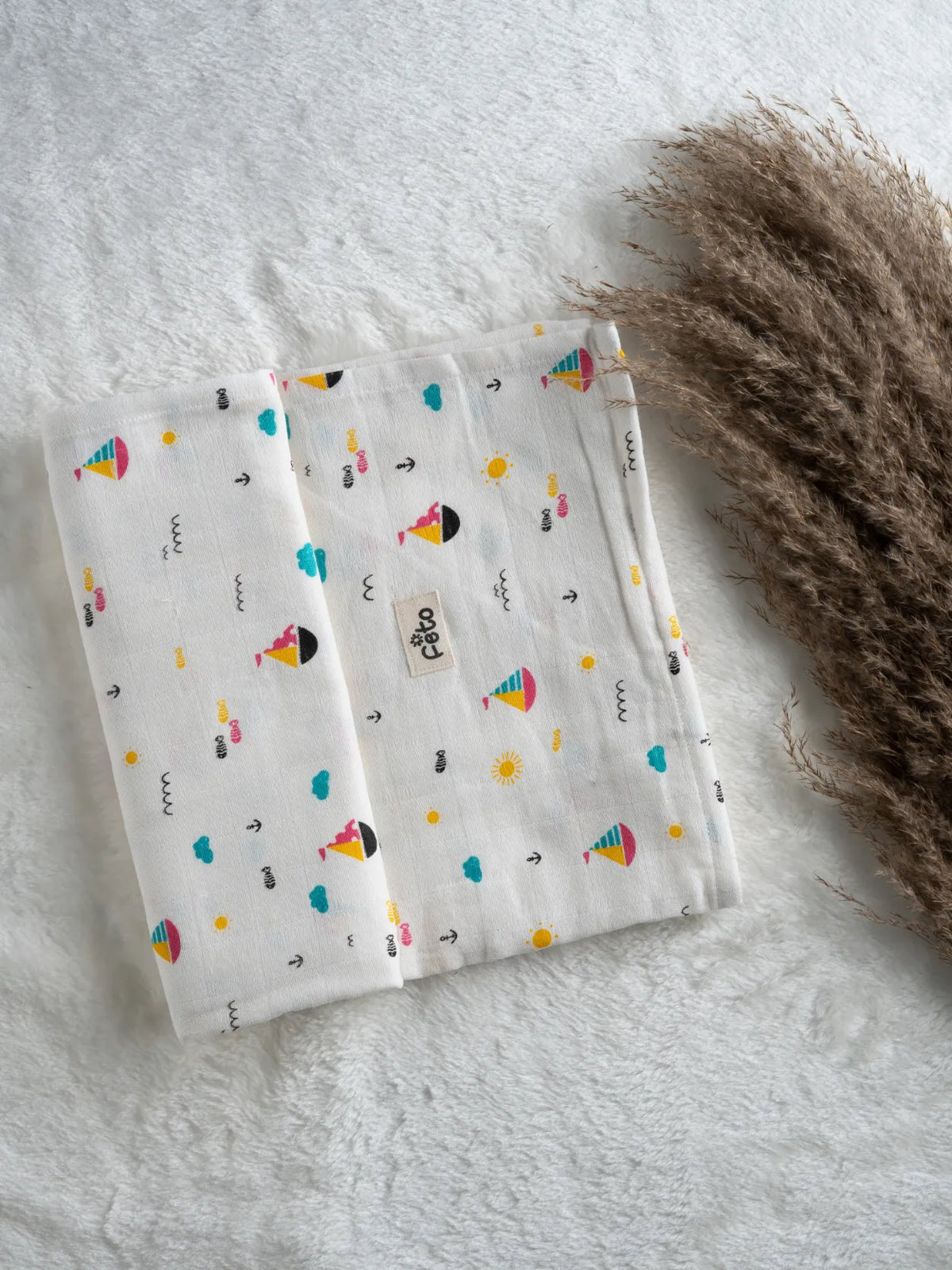 COTTON MUSLIN SWADLE WRAP - BOAT FISH OFF WHITE
