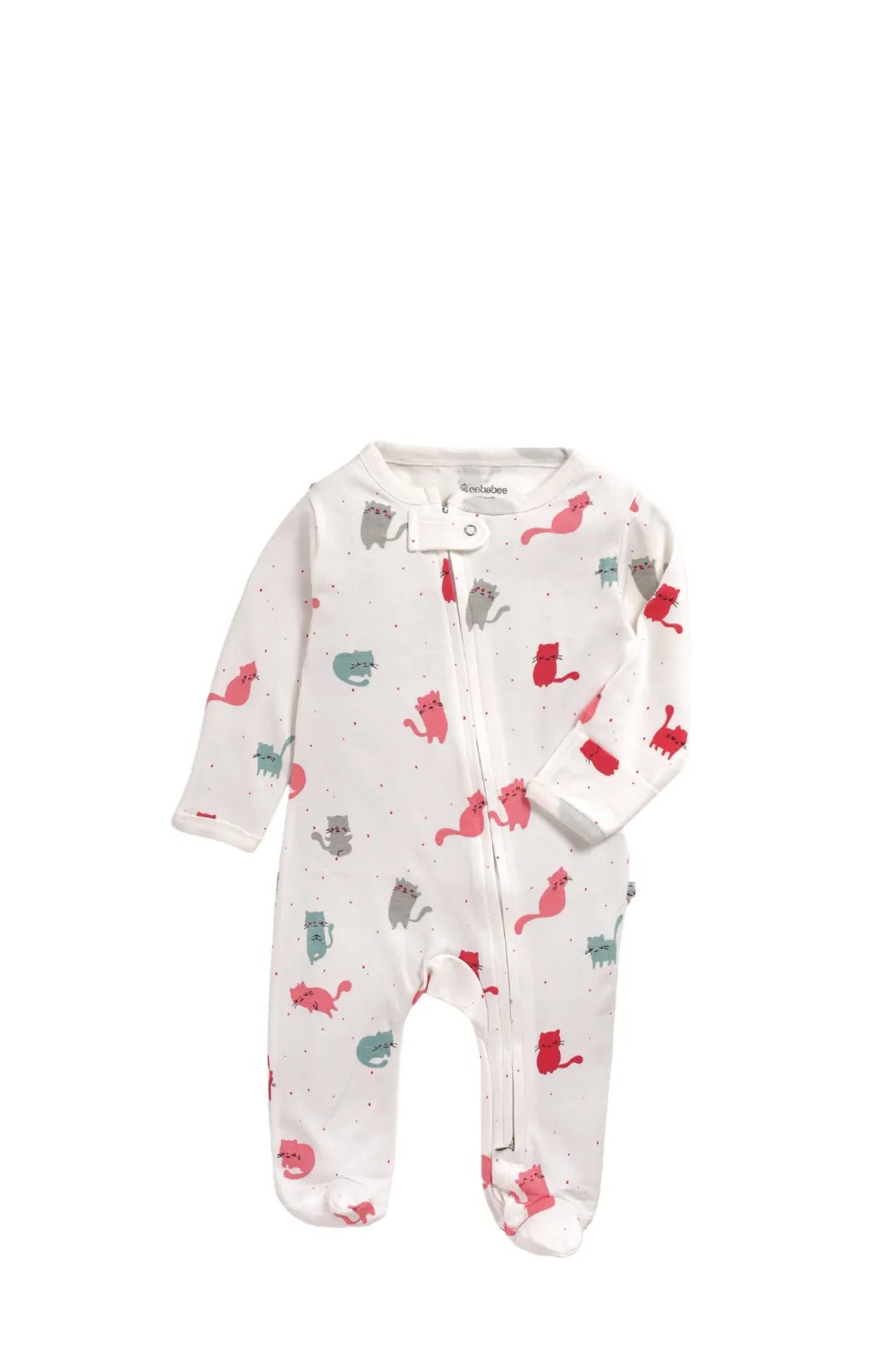Full sleeve cat patterns in white zipper sleepsuit with cap for baby