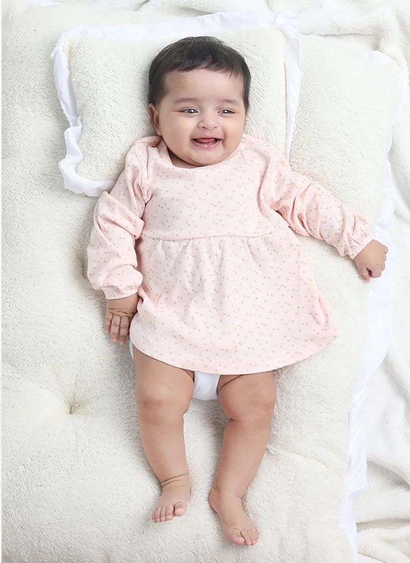 Full sleeve pink & grey dot pattern frock for baby girls