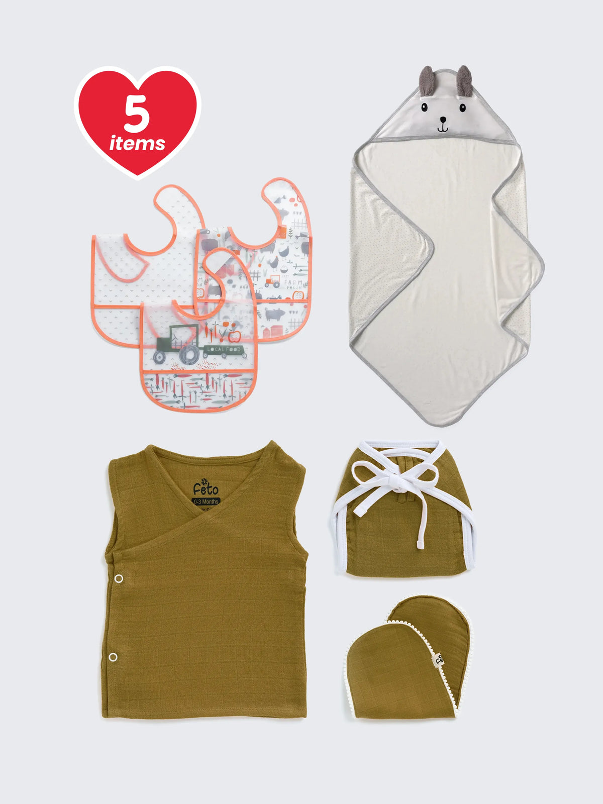 5-Piece Newborn Gift Bundle – Farm Bibs, Hooded Towel & Muslin Jabla Set