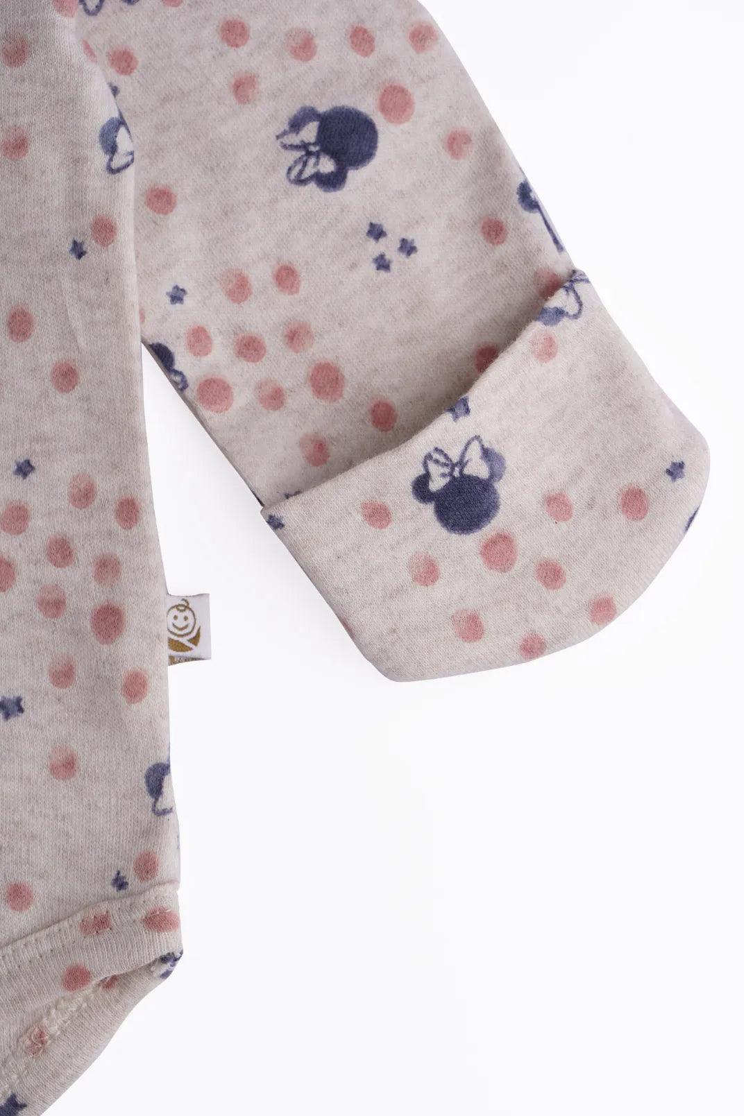 Full sleeve minnie mouse & dot pattern in cream  bodysuit for baby