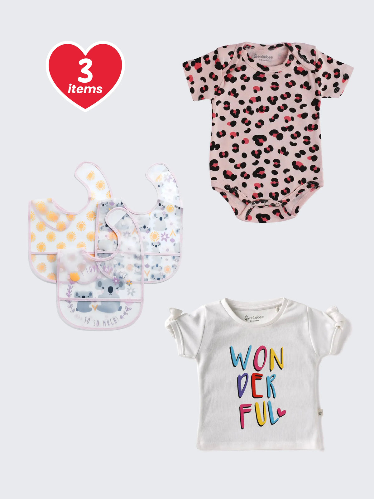 Eebabee & Feto 3-Piece Gift Pack for Baby Girl – Bodysuit, T-Shirt & Printed Bib