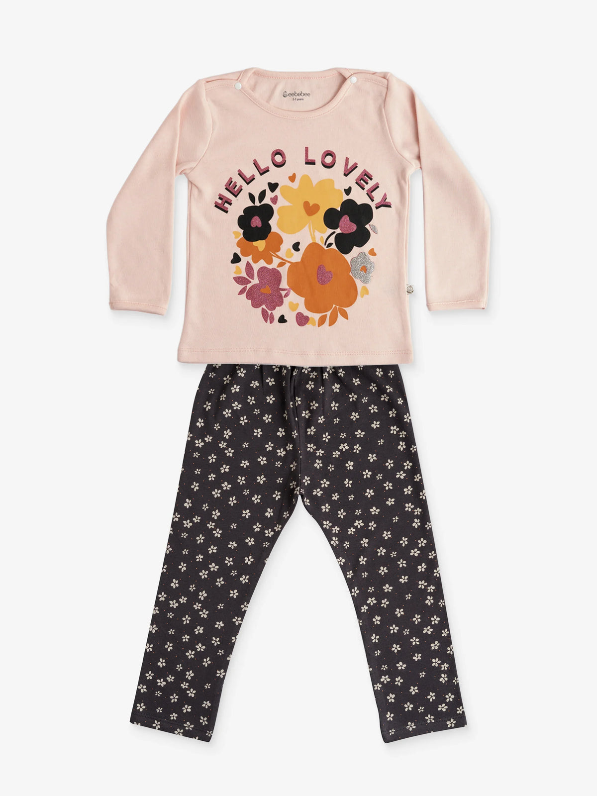 GIRLS HELLO LOVELY FULL SLEEVE GRAPHIC TEE WITH STRETCHY LEGGINGS