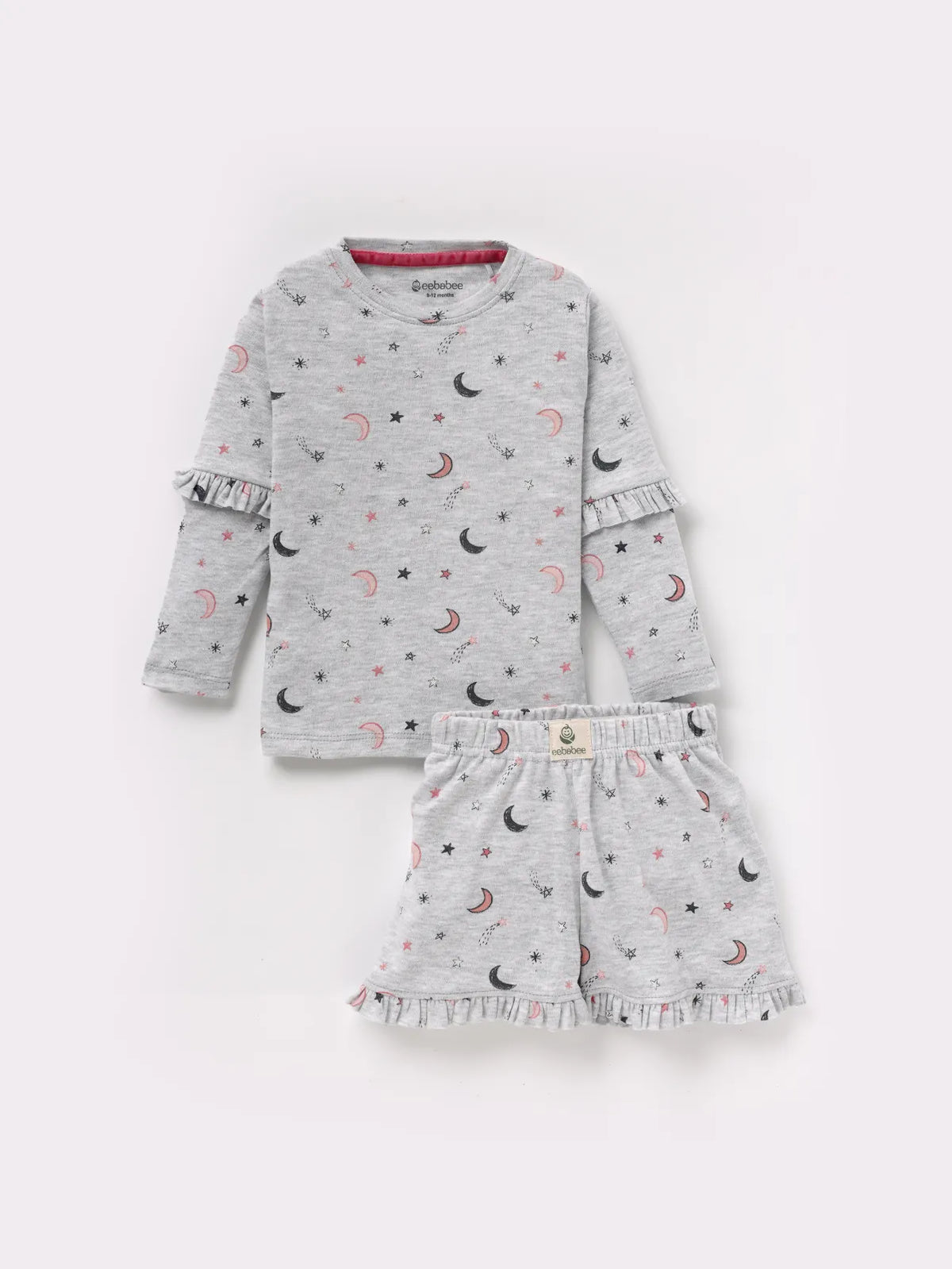 Full sleeve Graphic Pattern in Black & Grey frill set for baby girl