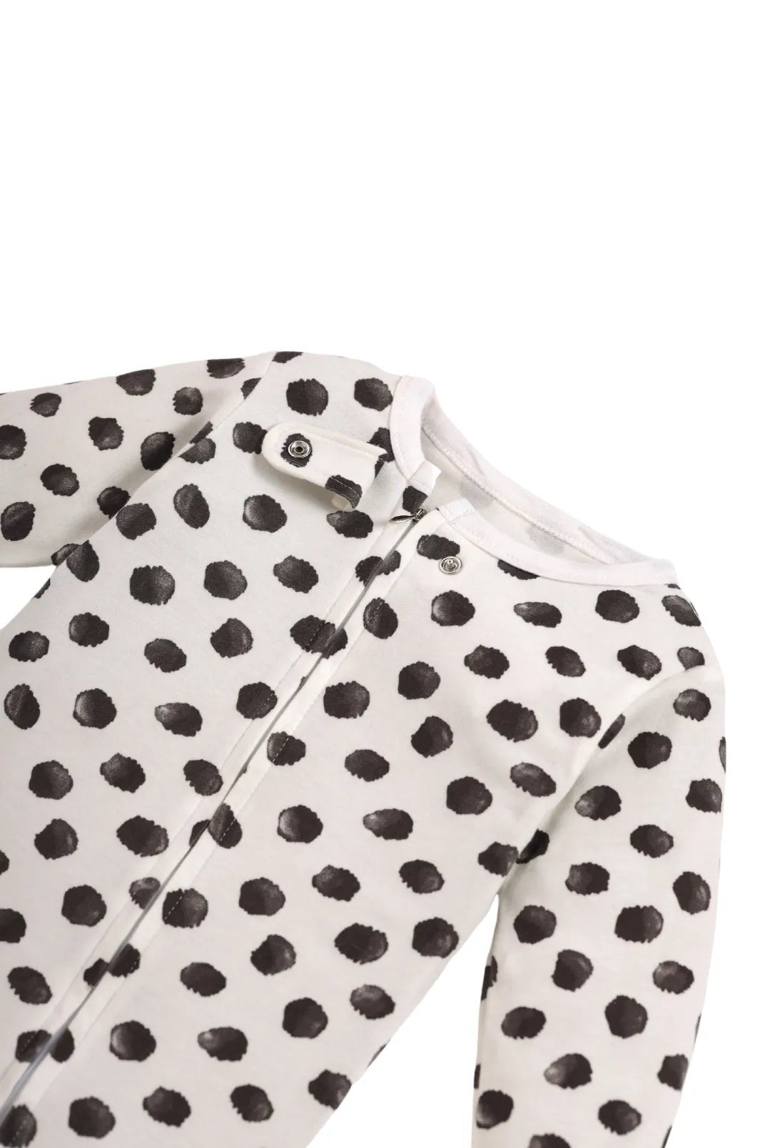 Full sleeve black round pattern in white zipper sleepsuit with cap  for baby