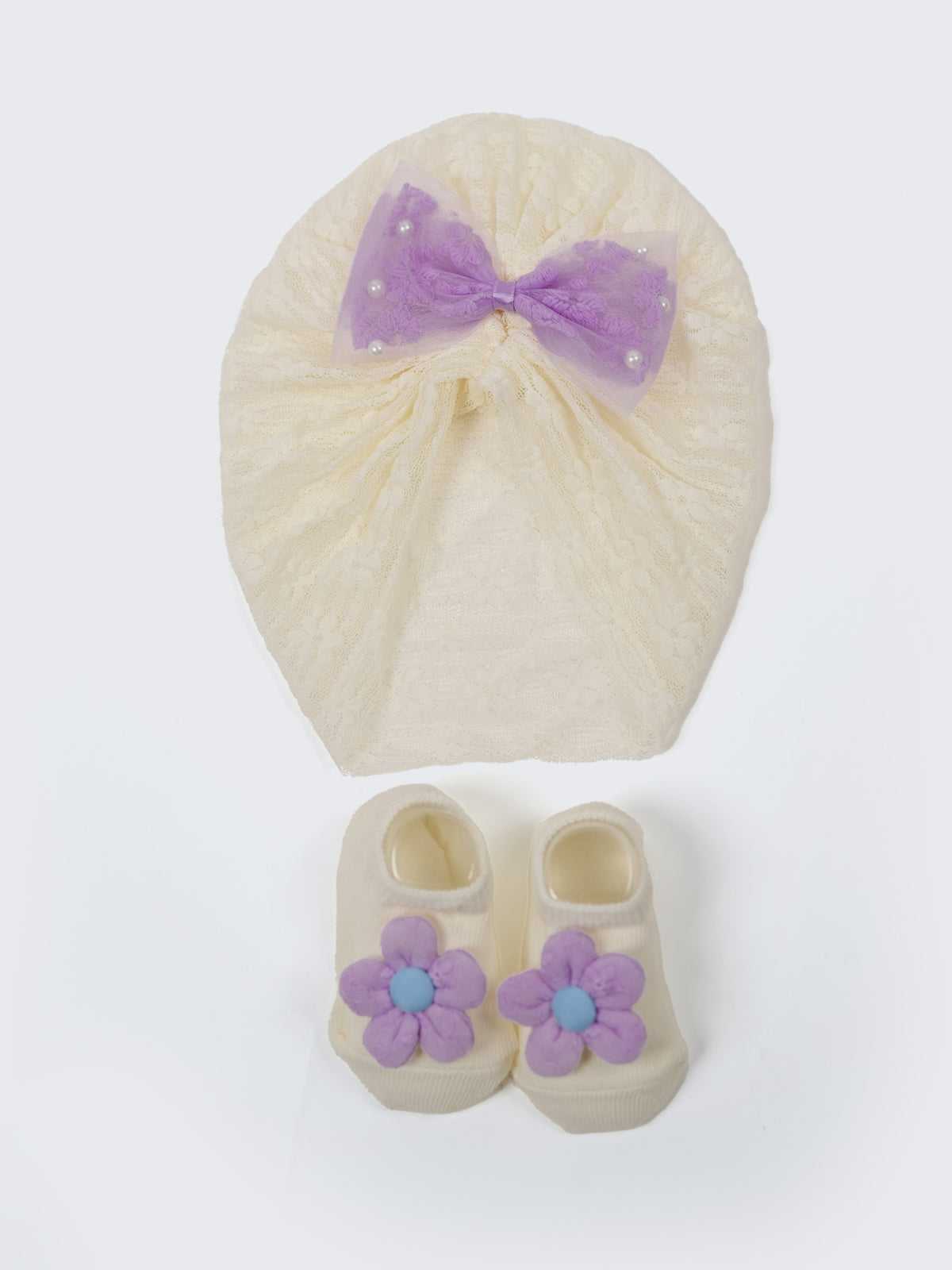 Baby Turban Cap & Booties Set - Cream With Purple