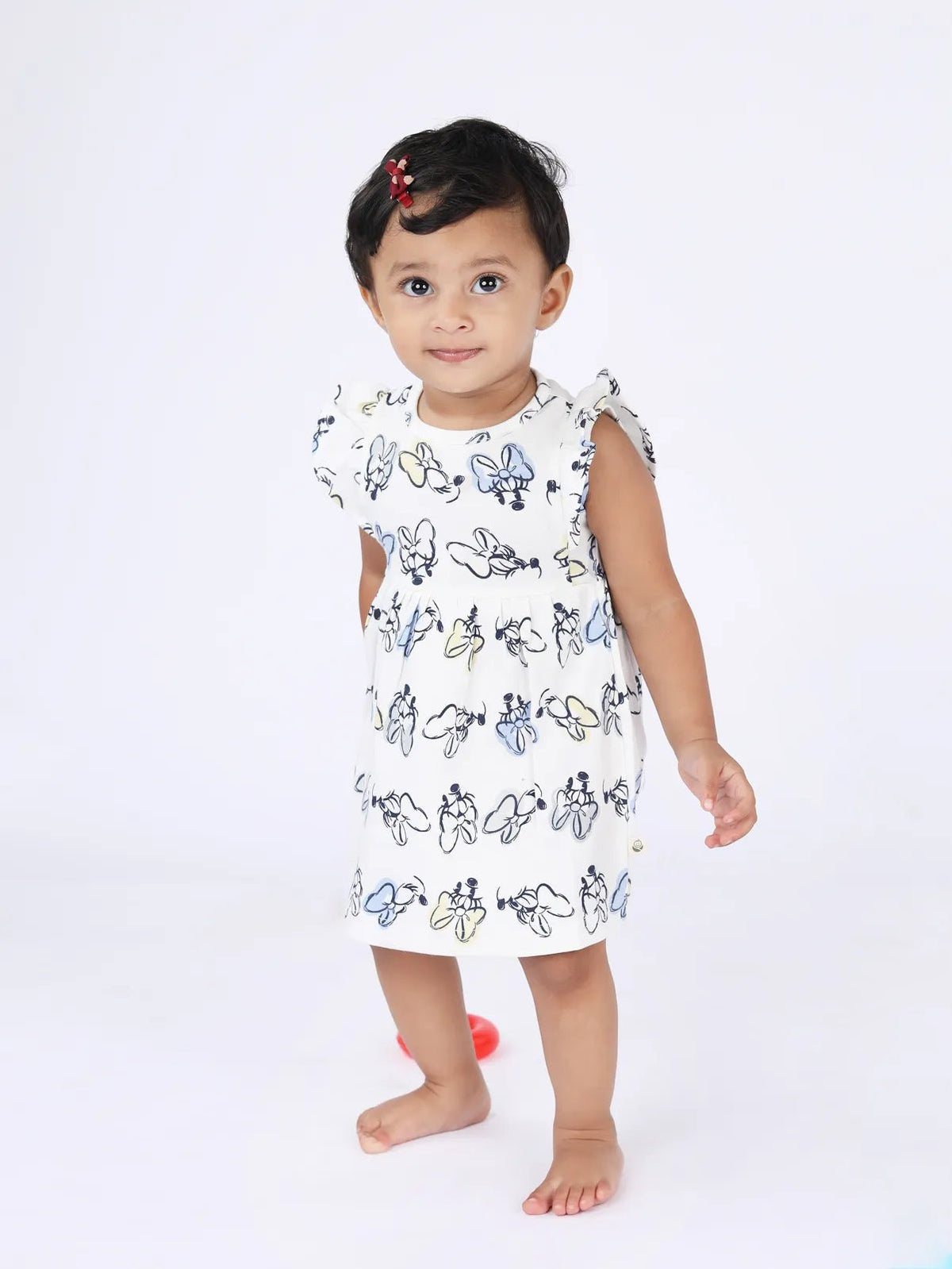 Sleeveless blue minnie mouse pattern in white frock for baby girls