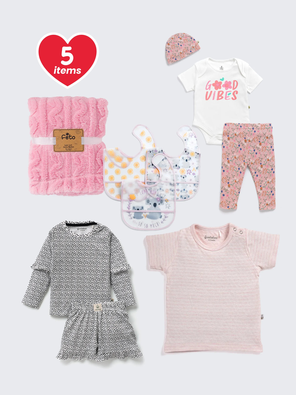 5-piece Baby Girl Gifting Bundle – Clothes, Bibs & Blanket Combo