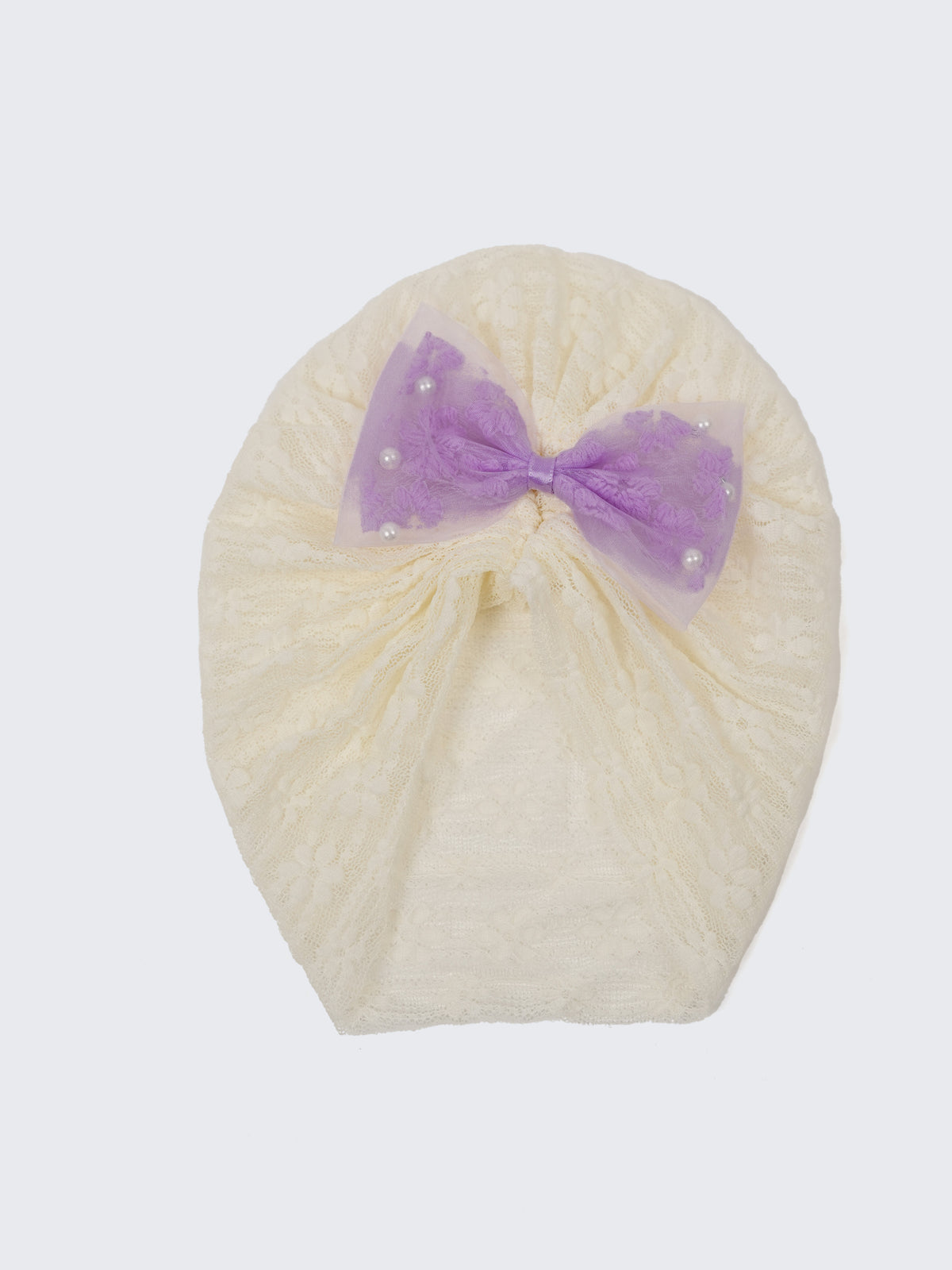 Baby Turban Cap & Booties Set - Cream With Purple