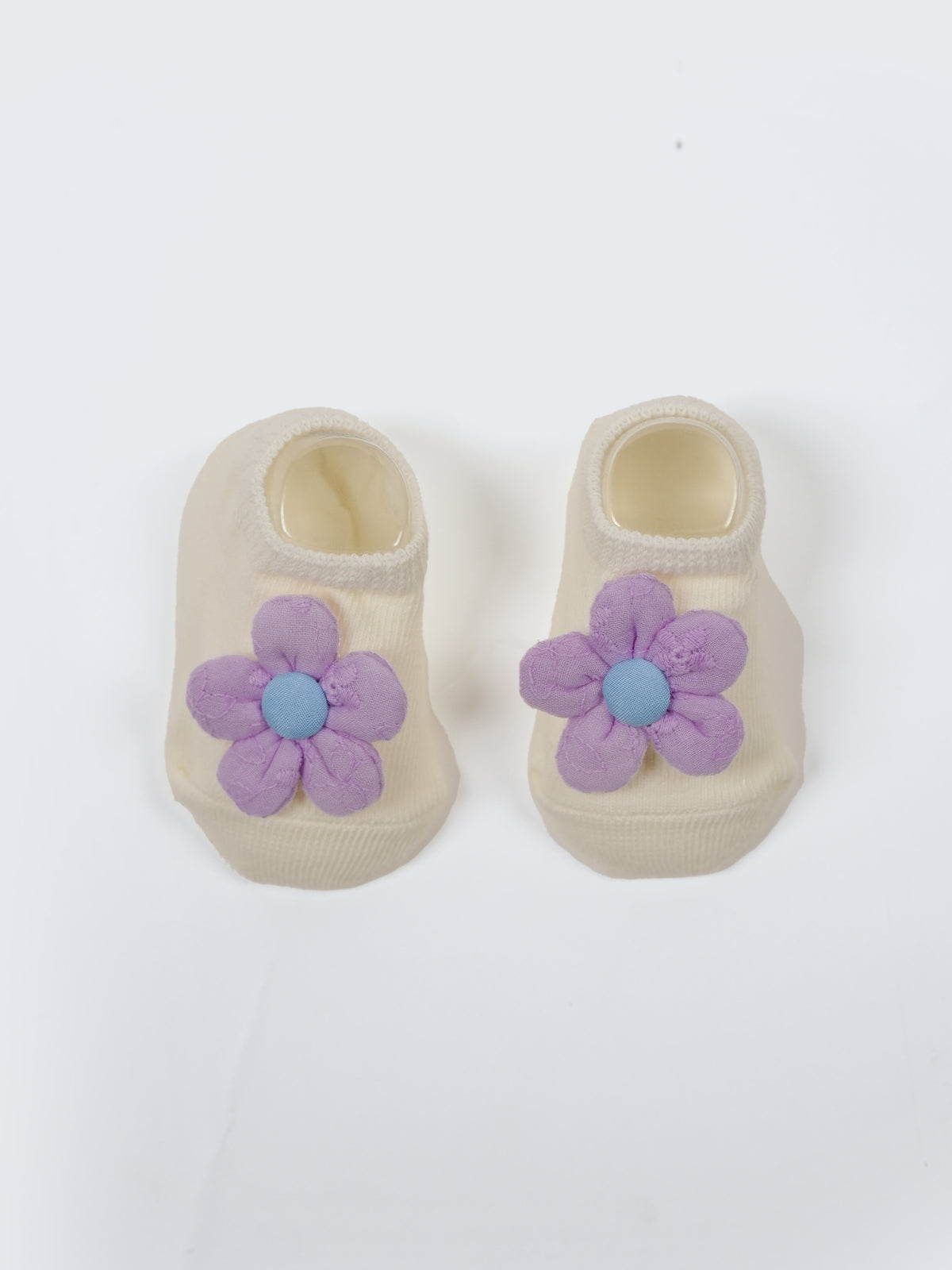 Baby Turban Cap & Booties Set - Cream With Purple