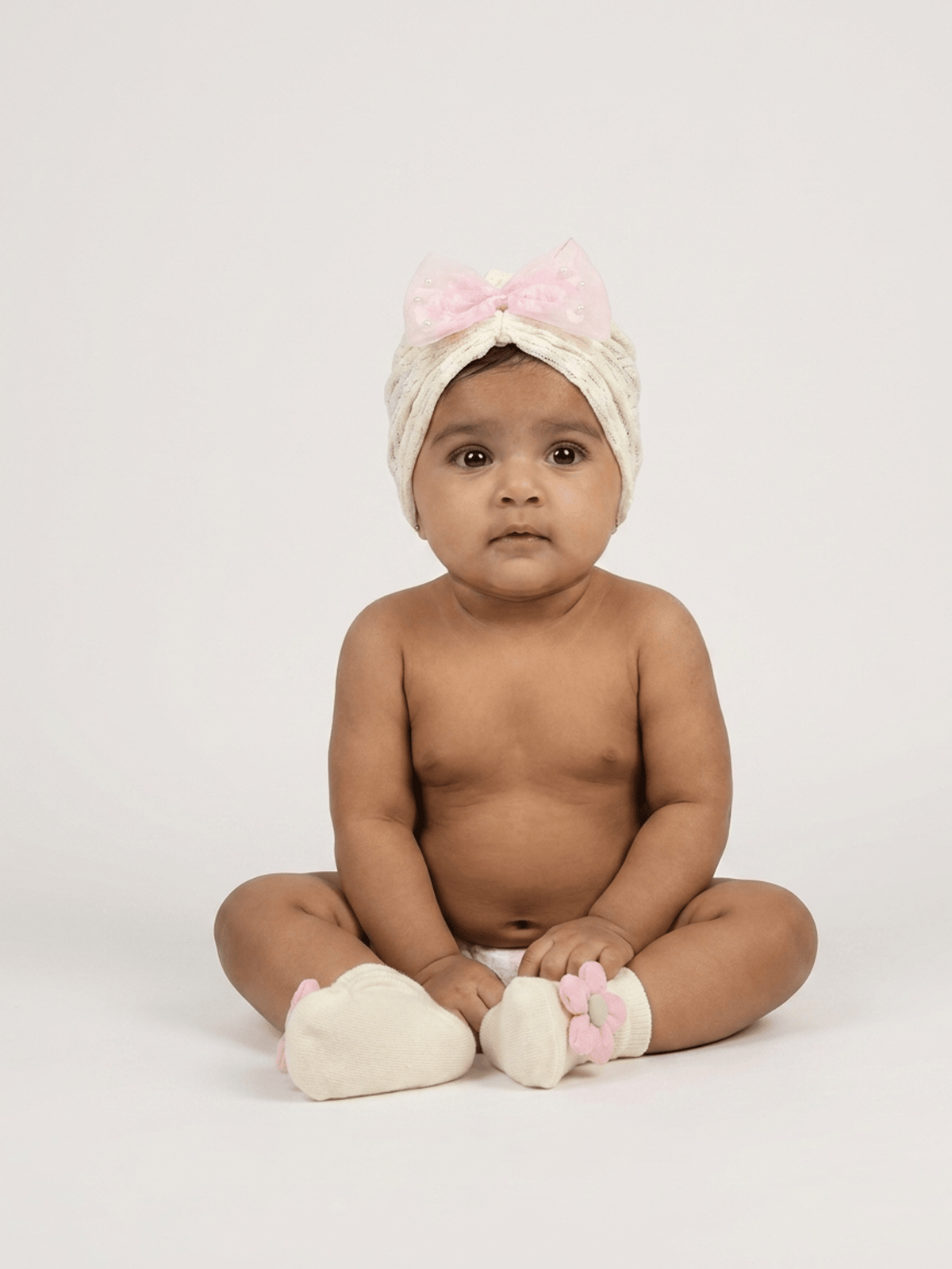 Baby Turban Cap & Floral Booties Set - Yellow With Pink