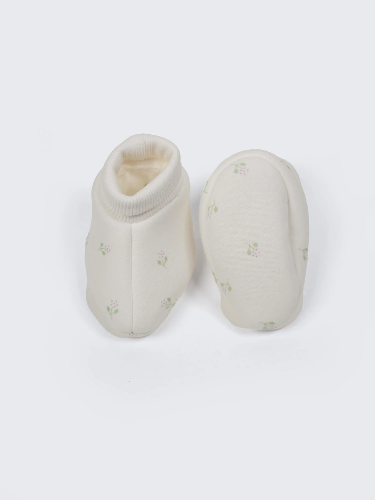 Baby Cotton Booties Soft Cream Floral Print - 0-3 Months