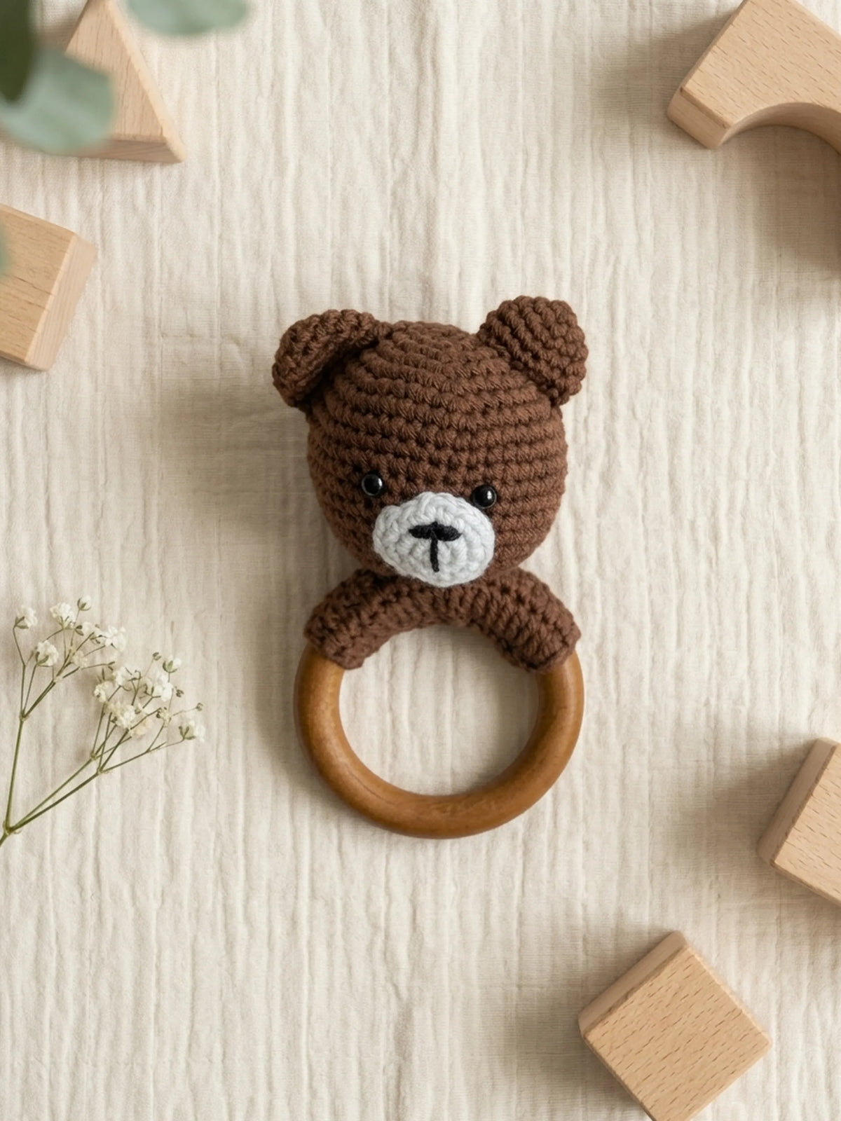Crochet Bear Wooden Ring Rattle-Brown