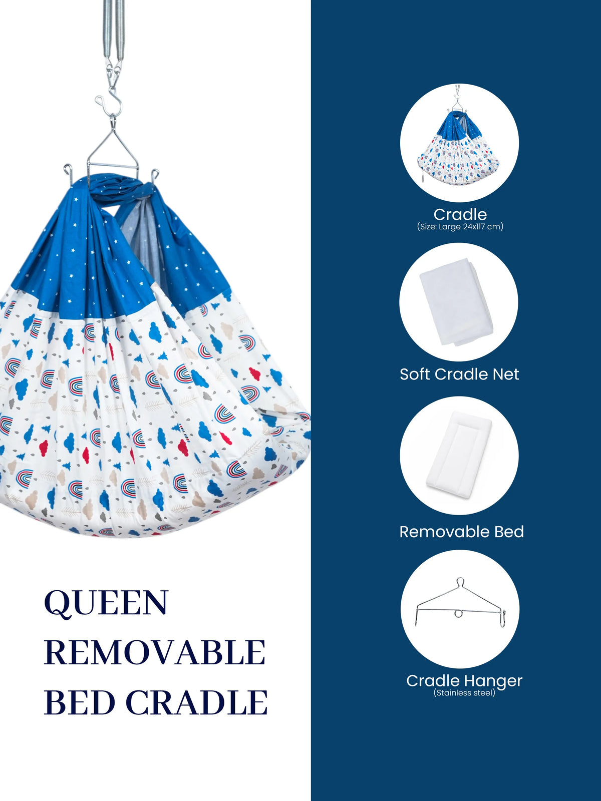 Queen Removable Bed Cradle/Thottil/Jhula Combo - Cloud & Rainbow Print