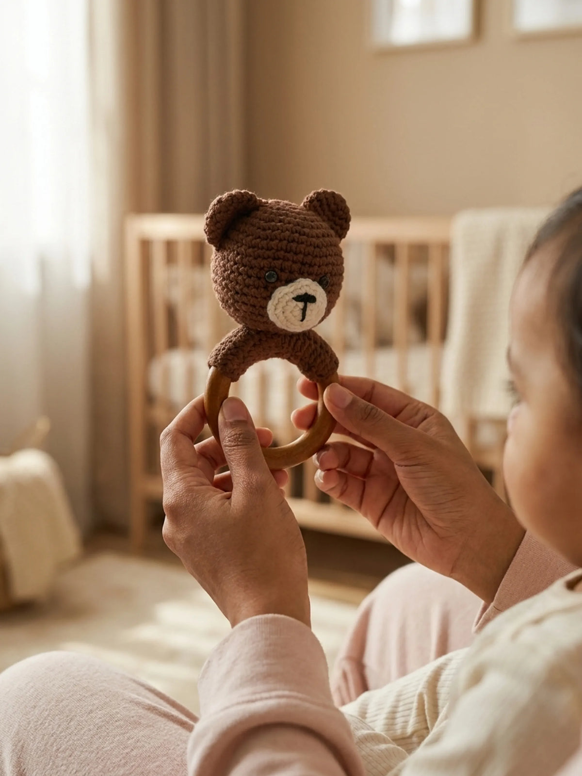Crochet Bear Wooden Ring Rattle-Brown
