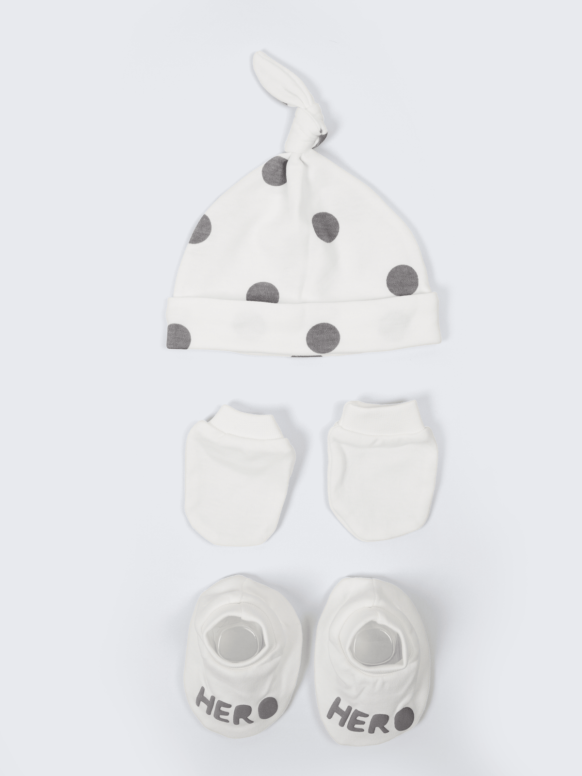 Baby Cap, Mittens & Booties Set – Polka Dot Hero
