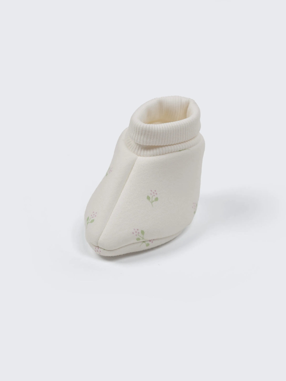 Baby Cotton Booties Soft Cream Floral Print - 0-3 Months