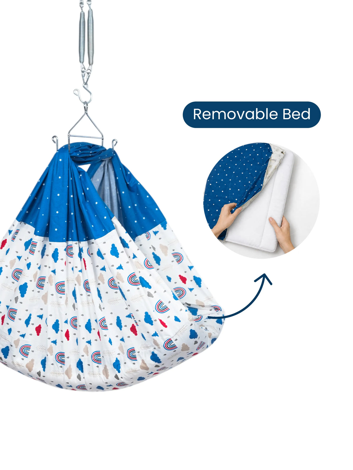 Queen Removable Bed Cradle/Thottil/Jhula Combo - Cloud & Rainbow Print