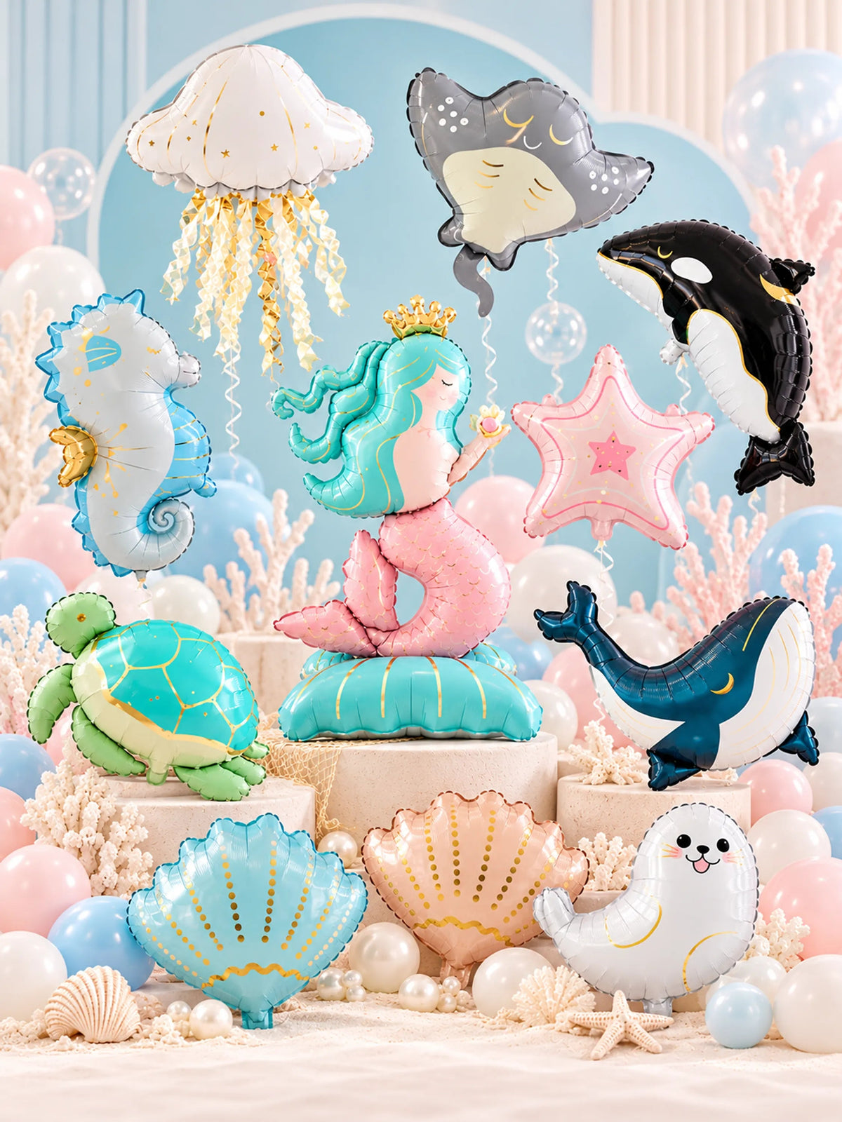 Ocean Theme Foil Balloon Set – 10 Pcs, Sea Animals