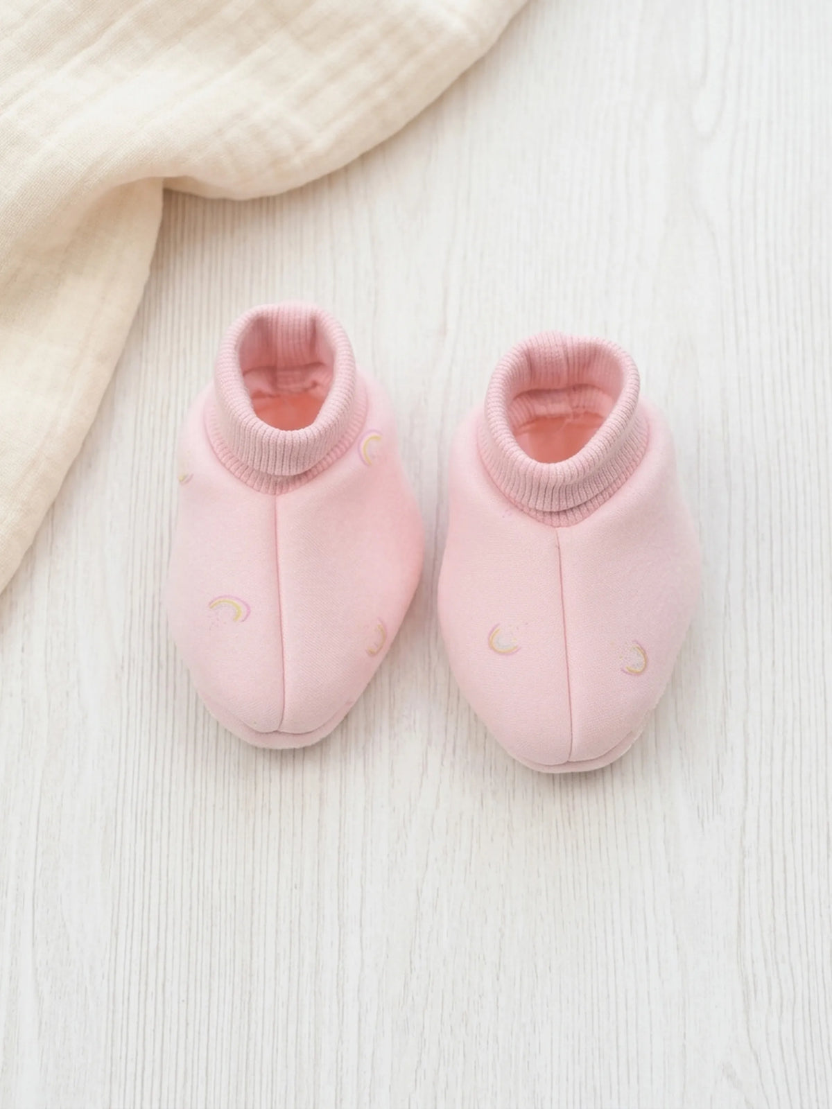 Baby Pink Rainbow Print Cotton Booties - 0-3 Months