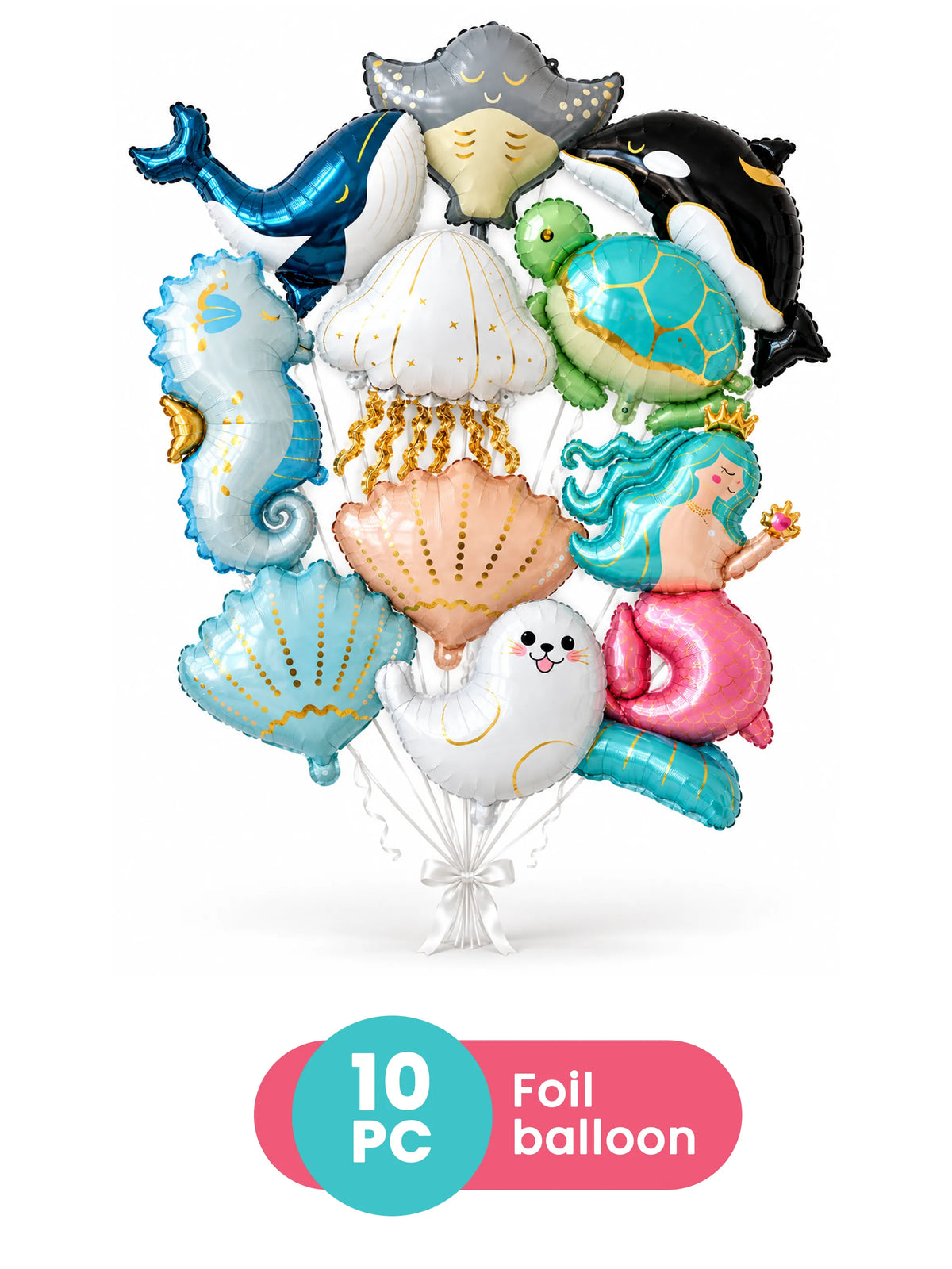 Ocean Theme Foil Balloon Set – 10 Pcs, Sea Animals