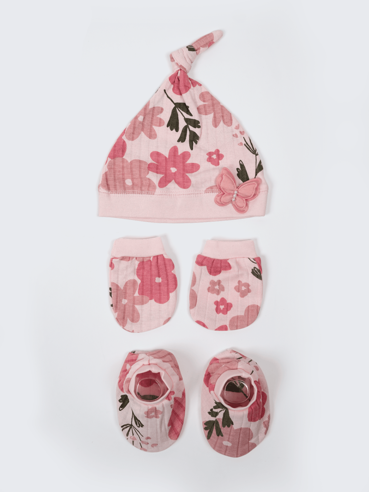 Newborn Cap, Mittens & Booties Set – Floral Print