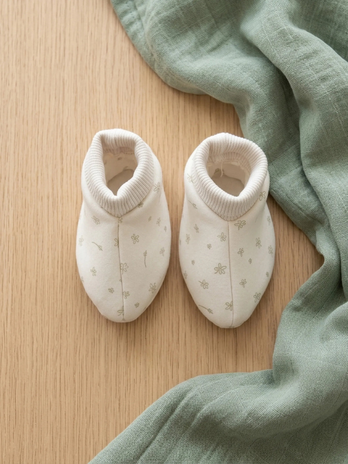 Baby Cream Floral Print Cotton Booties - 0-3 Months