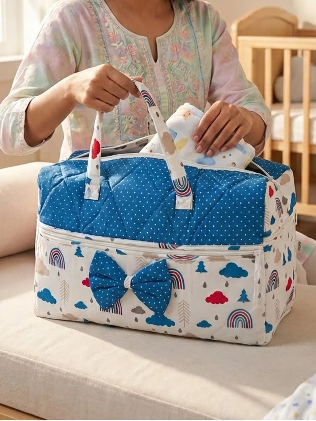 Baby Mother Bag - Blue & White
