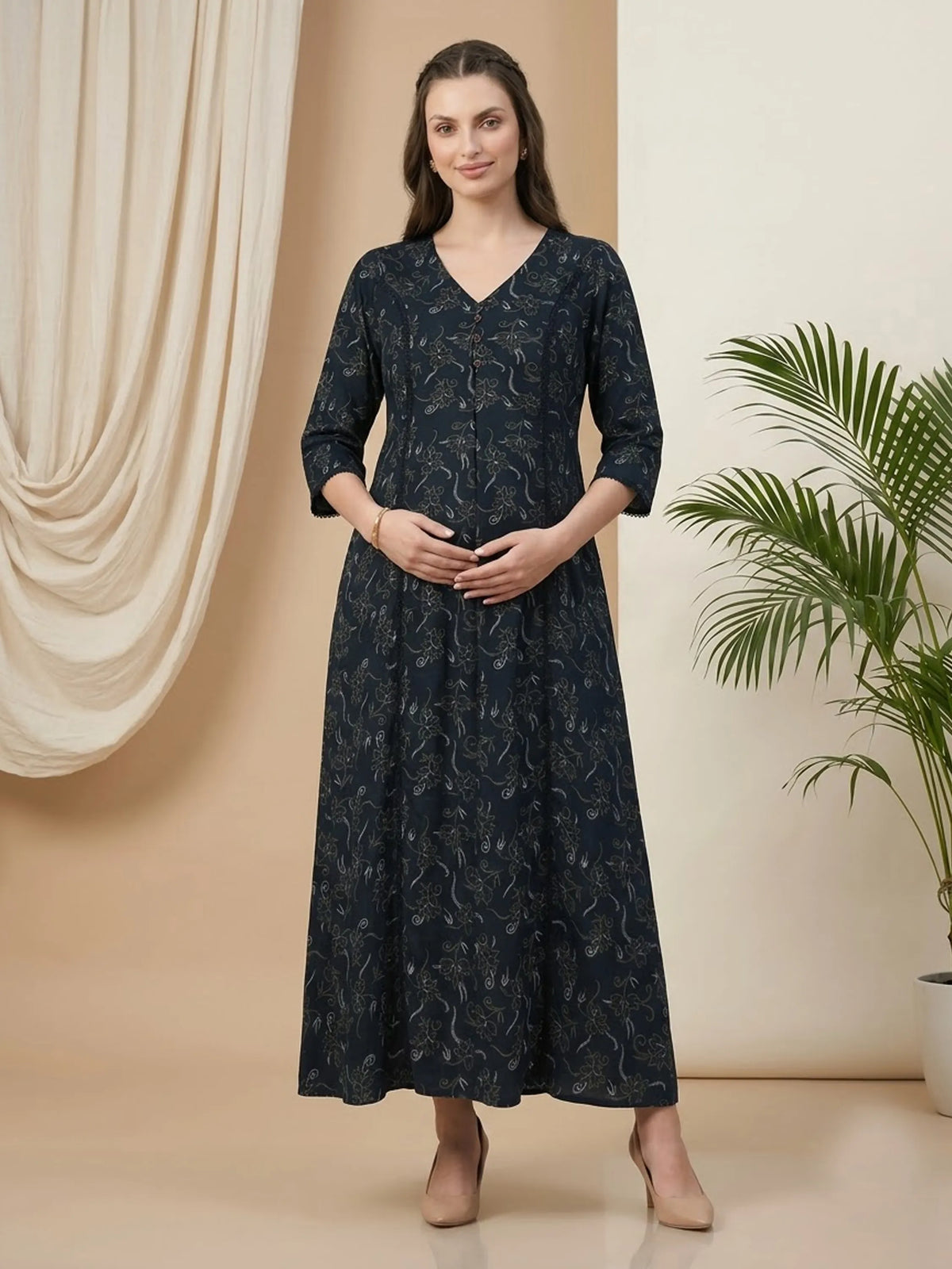 Printed Cotton Maternity & Feeding Gown