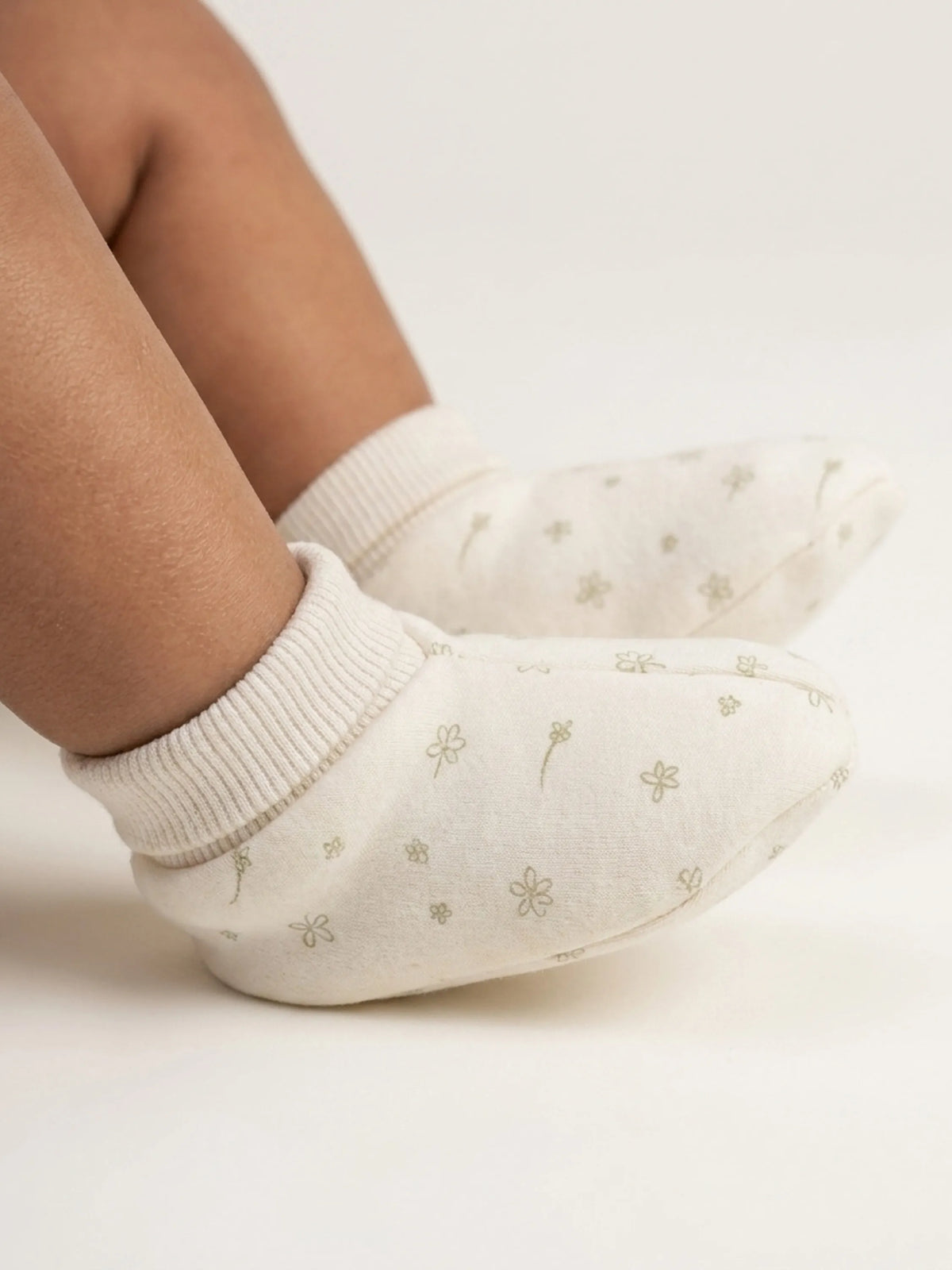 Baby Cream Floral Print Cotton Booties - 0-3 Months