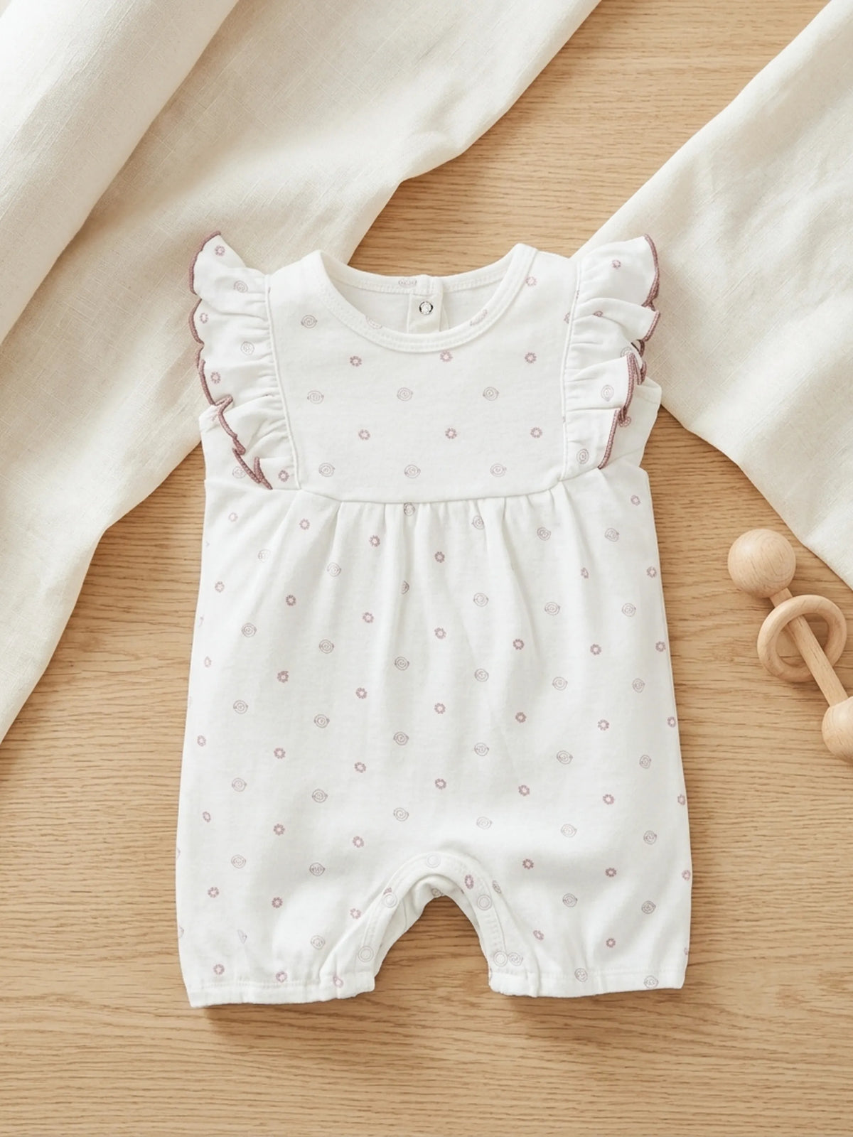 Baby Girls White Printed Ruffle Sleeve Romper