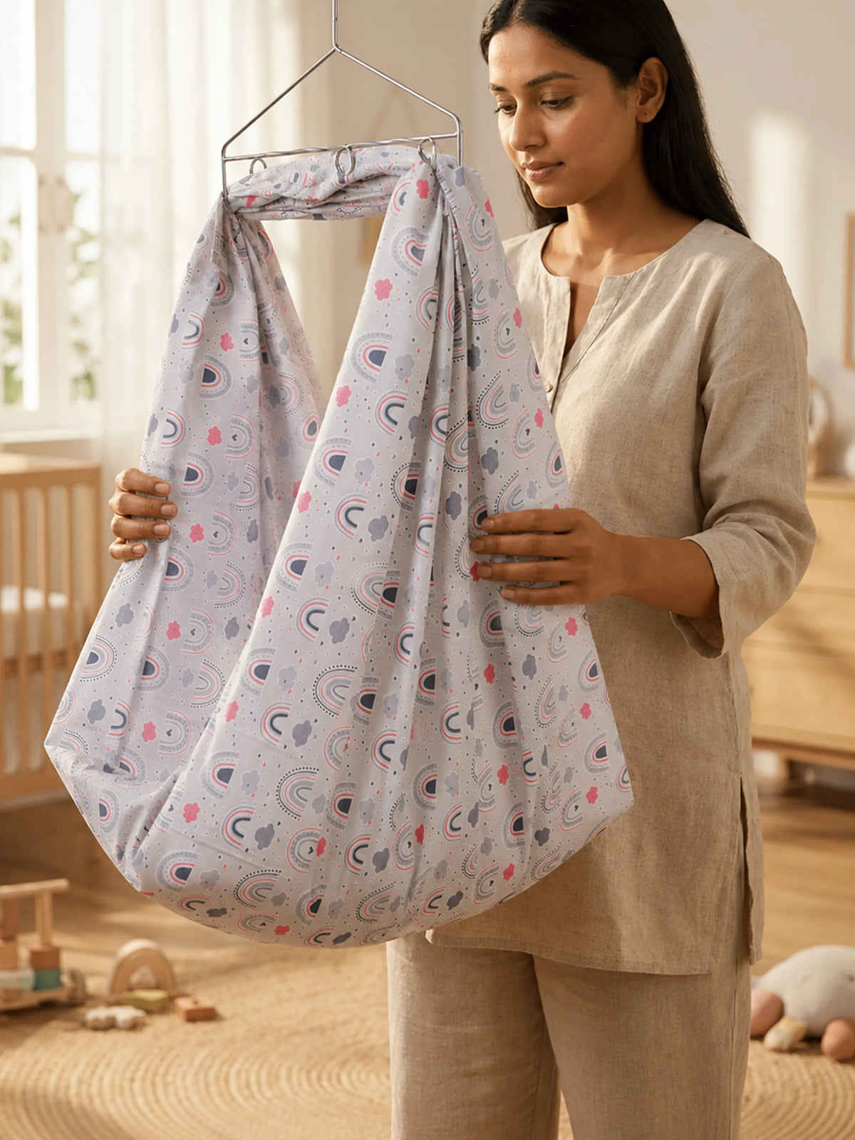 Rainbow & Cloud Print Grey Baby Cloth Cradle - Thottil/Jhula