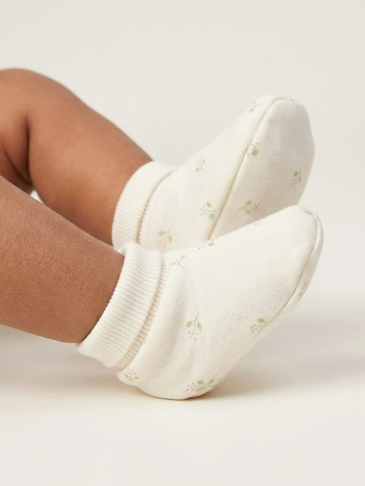 Baby Cotton Booties Soft Cream Floral Print - 0-3 Months