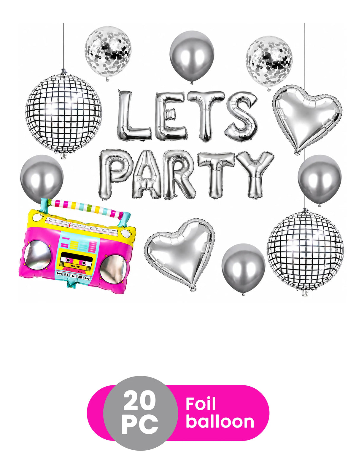 20 Piece Lets Party Foil Balloon Disco Ball Boombox Mylar Set