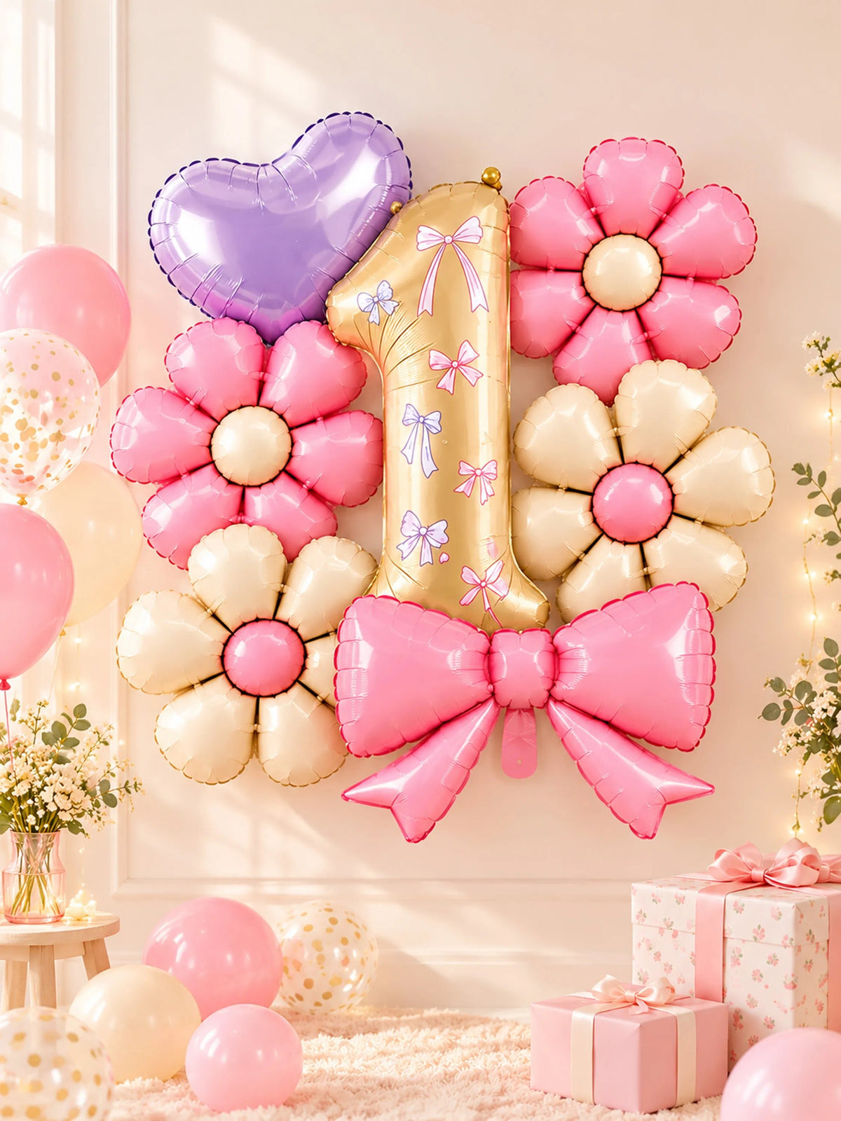 Pink & Gold Number 1 Foil Balloon Set – 7 Pcs