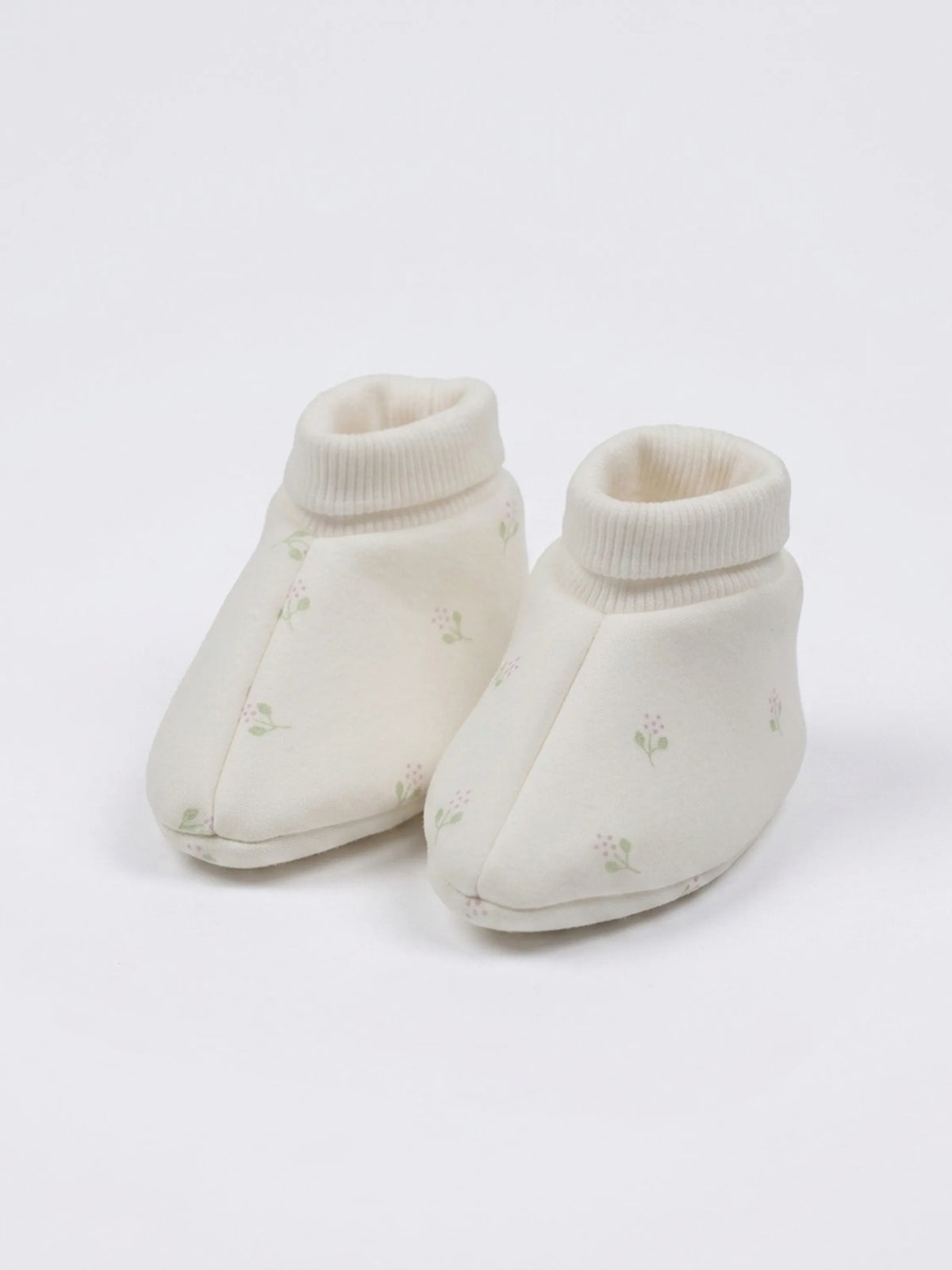 Baby Cotton Booties Soft Cream Floral Print - 0-3 Months