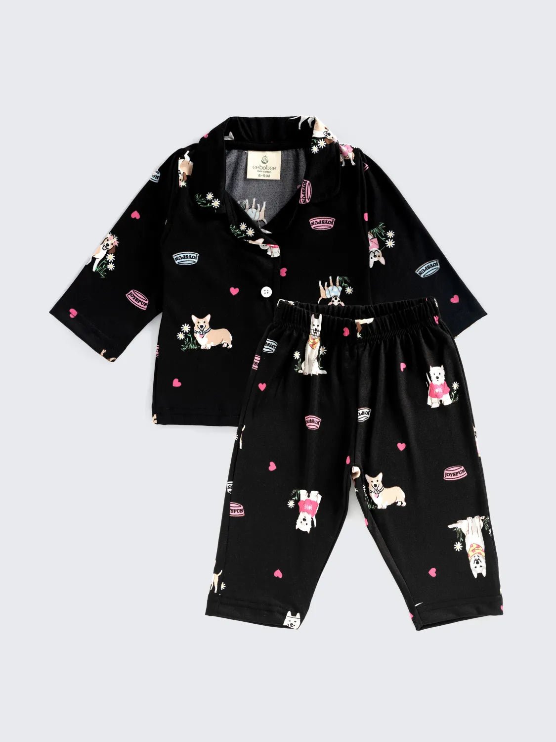 Puppy Print Full Sleeves Nightwear Set – Black