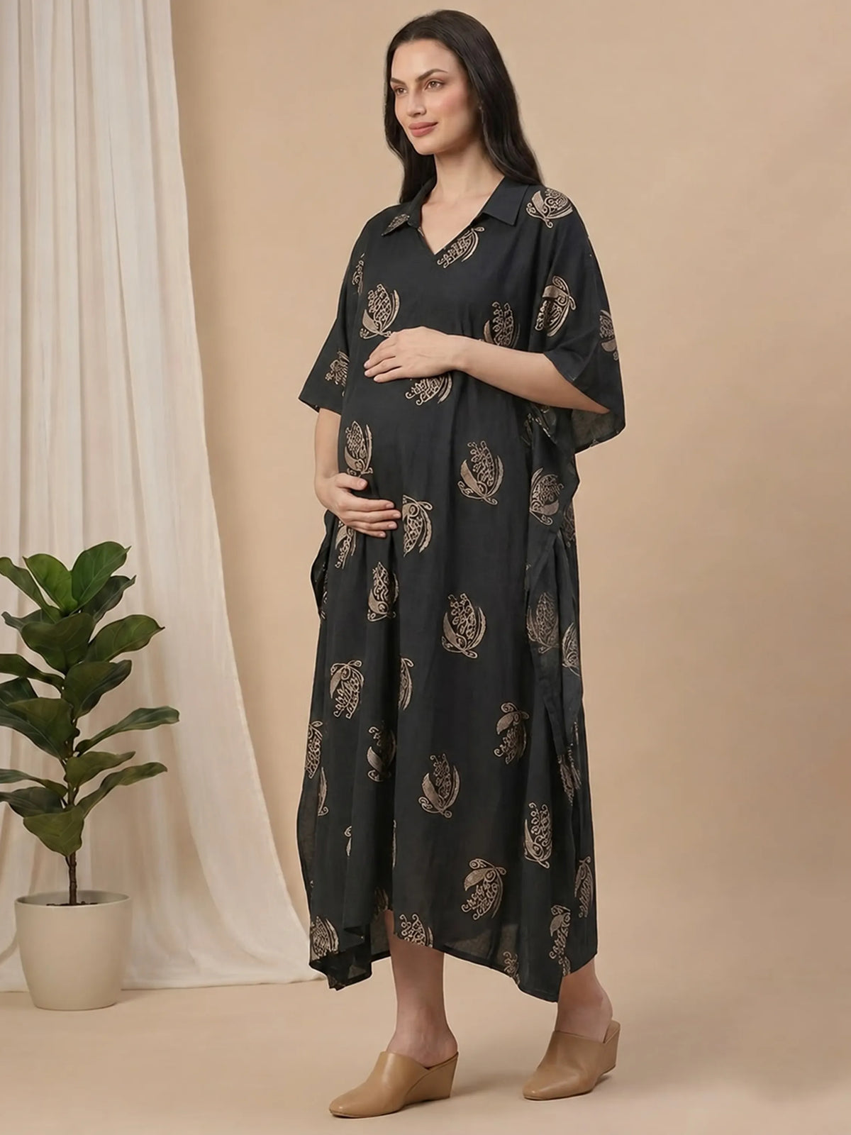 Printed Maternity Kaftan – Black