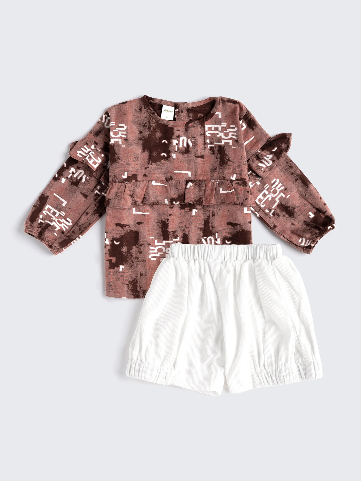 Baby Girl Modern Top & White Shorts Set - Brown