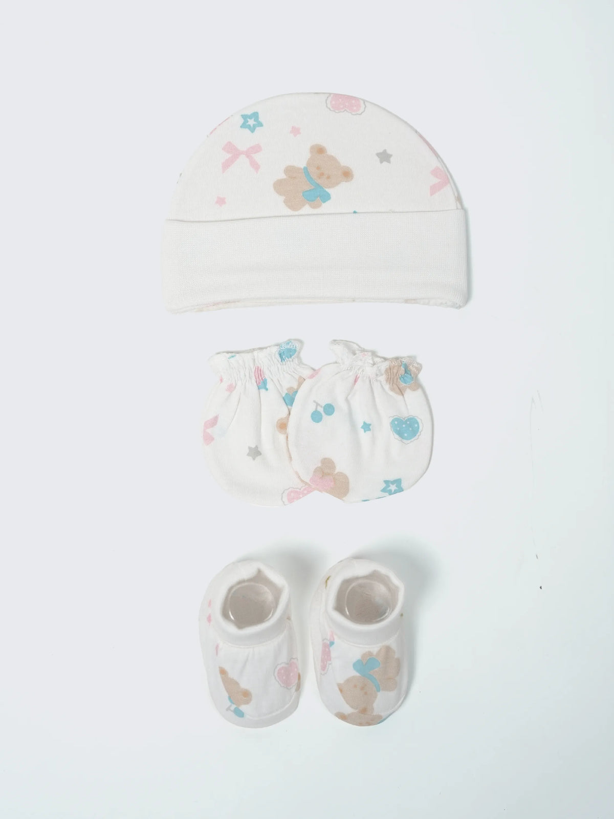 Newborn Cap, Mittens & Booties Set – White Print