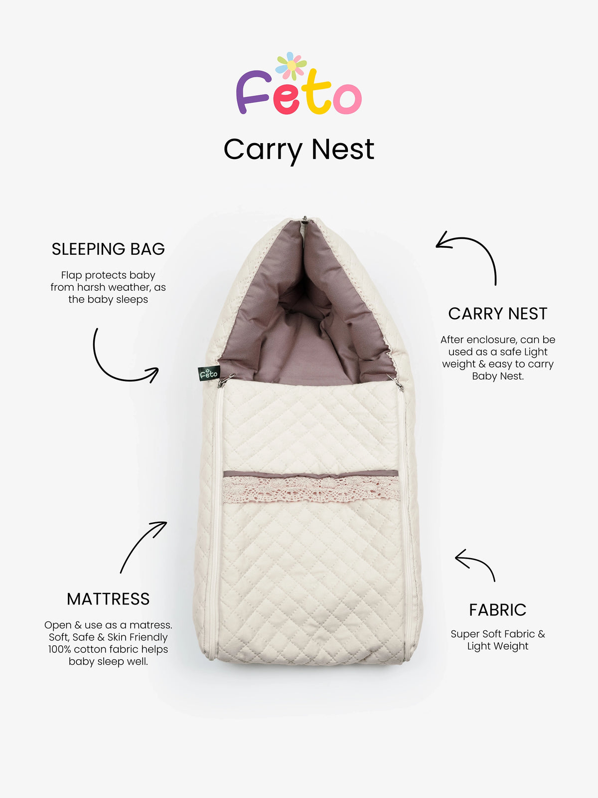 Baby Carry Nest – Quilted Cream Beige Soft Newborn Sleeping Bag