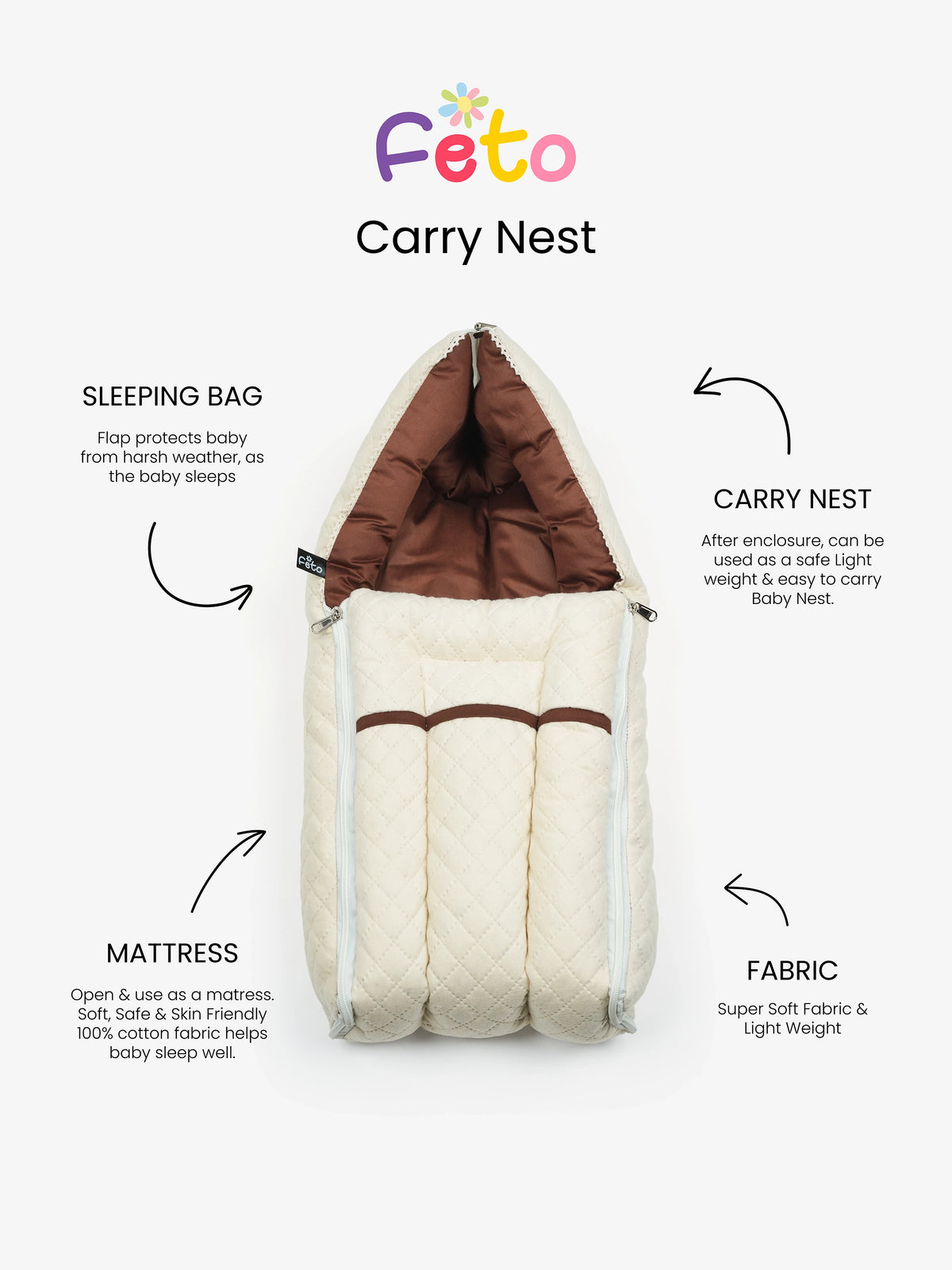 Baby Carry Nest – Quilted Beige & Brown Newborn Sleeping Bag with Extra Cushion