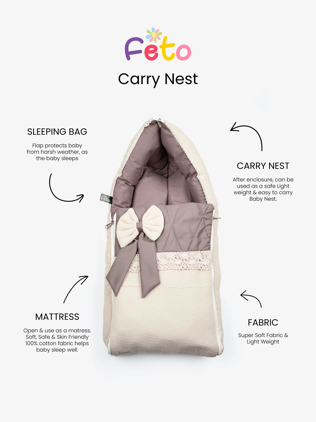 Baby Carry Nest – Quilted Beige & Mocha Soft Newborn Sleeping Bag with Bow Detail