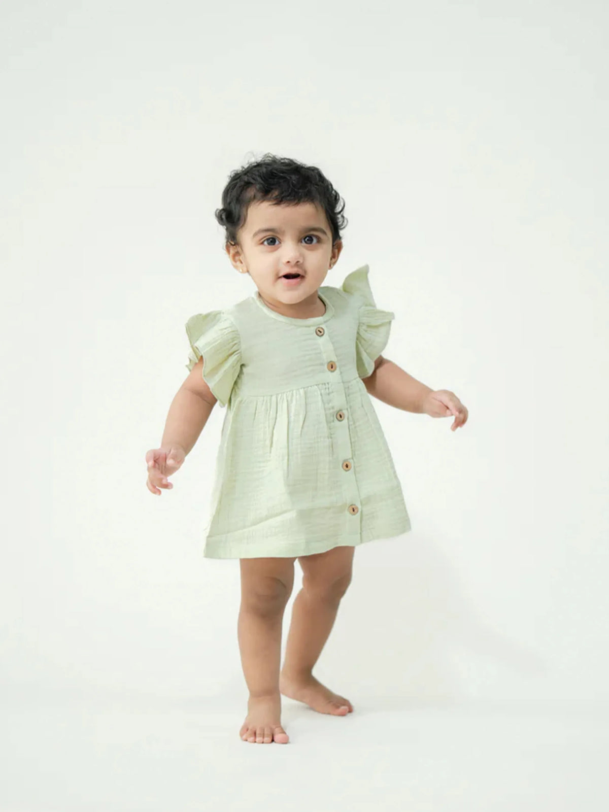Organic Cotton Olive Flutter Sleeve Baby Dress
