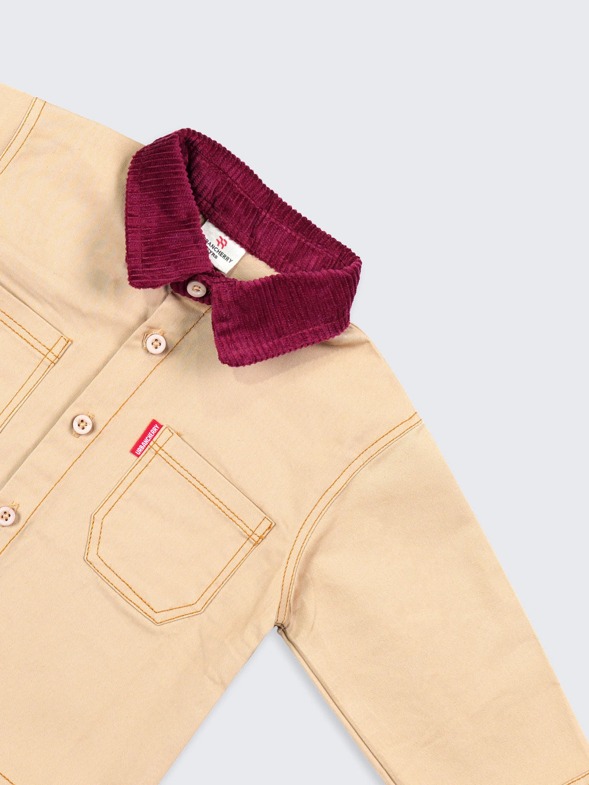 Beige Shirt with Graphic Back & Corduroy Collar
