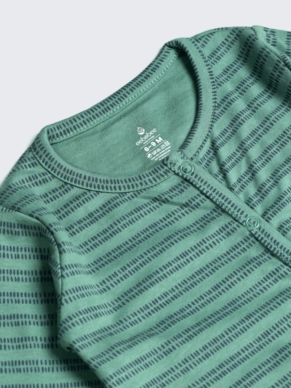 Green Striped Full Sleeves Unisex Baby Sleepsuit