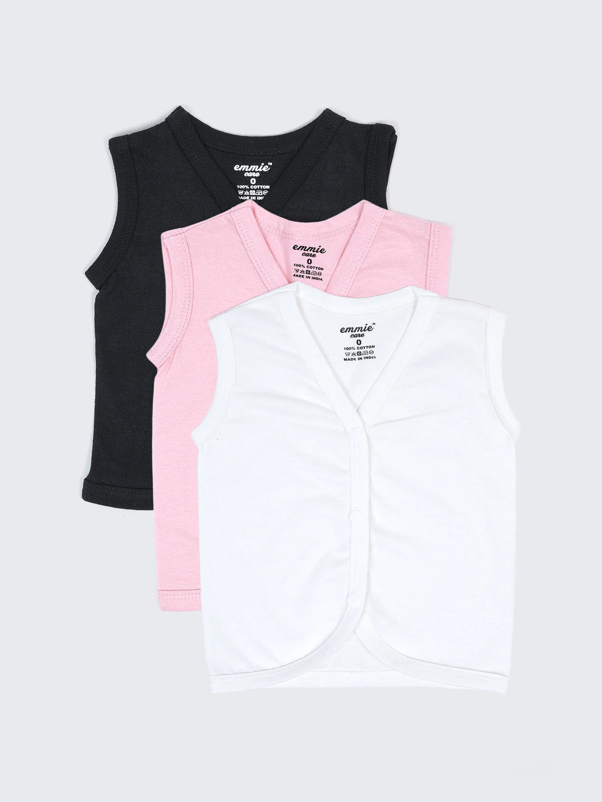Baby Cotton Sleeveless Jabla Vest Set – Solid White, Pink & Black Newborn Front Open Jabla Combo (3 Pieces)