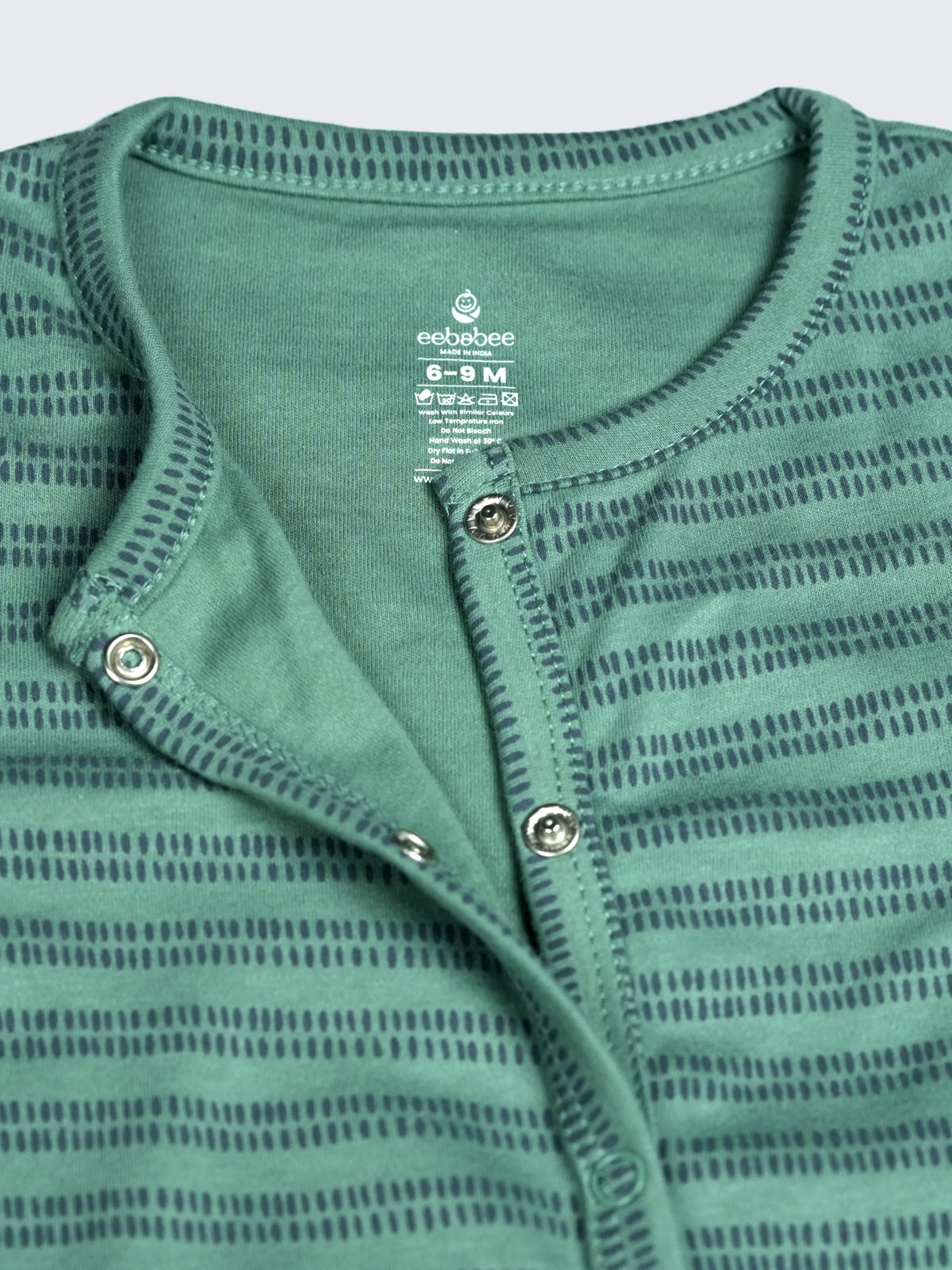 Green Striped Full Sleeves Unisex Baby Sleepsuit