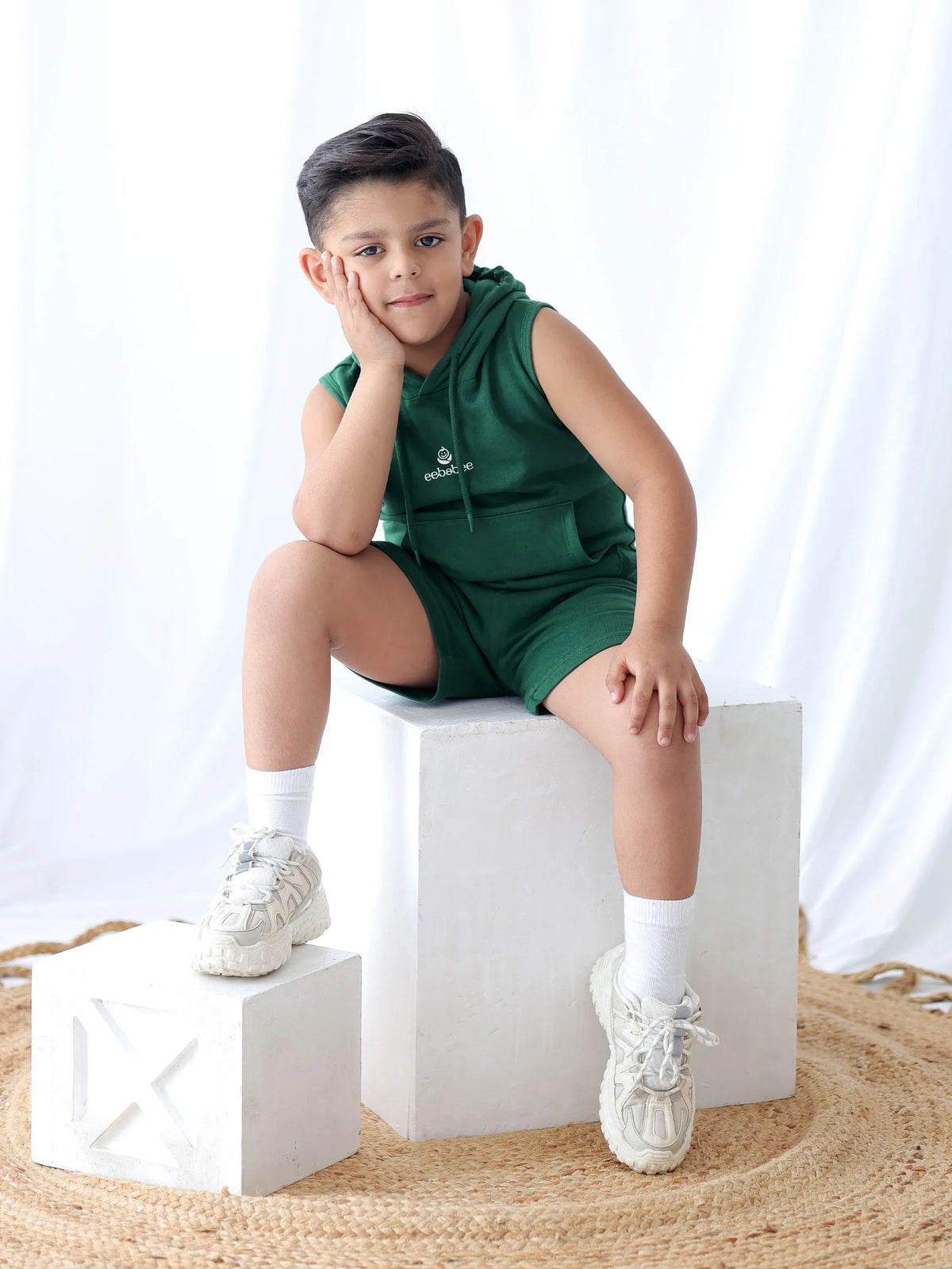 Boys Solid Sleeveless Hooded Set - Forest Edition